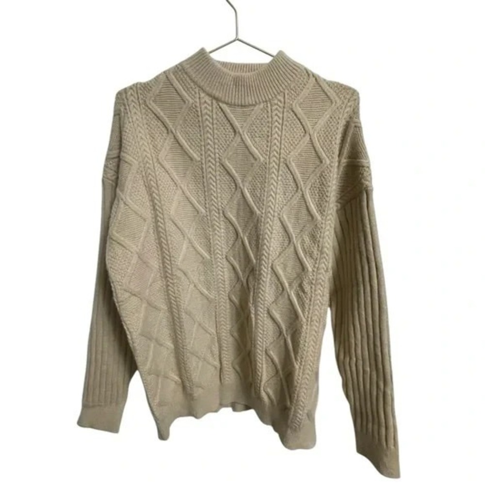 Aelfric Eden Beige Cable Knit Mock Neck Sweater Size M Diamond Ribbed Tan